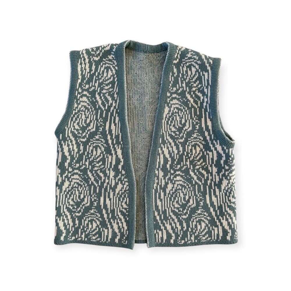 Vintage Hand Knit Sweater Vest Boho Teal Cream Size S/M Festival Hippie Retro